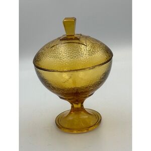 Vintage Amber Hammered Glass Lidded Candy Dish Mid Century Modern Pedestal Bowl
